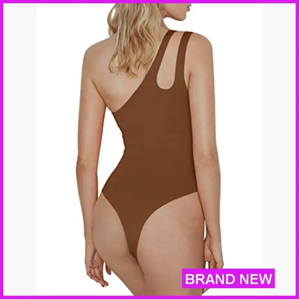 Sexy One Shoulder Cutout Thong Bodysuit Tummy Control Shapewear V Backless